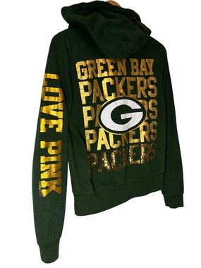 Victoria's Secret PINK Green Bay Packers Bling Sequin Full Zip Hoodie Medium NFL